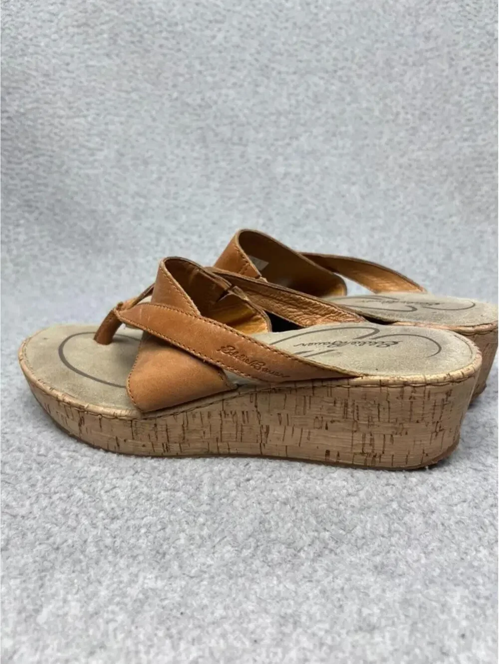 Eddie Bauer Kara Womens 9 Brown Leather Cork Wedge Thong Sandals Platform Shoes